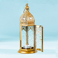 Aluminum and glass hanging candle holder, 'Golden Nights' (medium) - Gold Toned Hanging Lantern with Decorative Glass