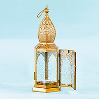 Aluminum and glass hanging candle holder, 'Golden Nights' (large) - Gold Toned Hanging Lantern with Decorative Glass