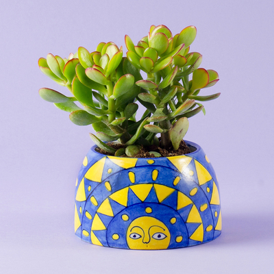 Ceramic planter, 'Garden Sunshine' - Blue Ceramic Planter with Sun Motif from India