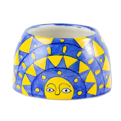 Jardinera de cerámica, 'Garden Sunshine' - Jardinera de cerámica azul con motivo de sol de la India