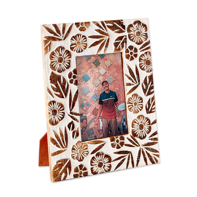 Mango wood photo frame, 'Natural Memories' - Hand Carved White Floral Wooden Frame from India