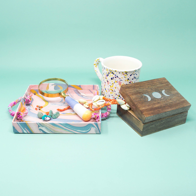 Curated gift box with ceramic mug, paper tray, magnifying glass, and mango wood box, 'Discover' - Curated Gift Box for the Curious