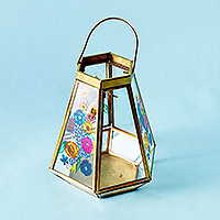 Metal and glass terrarium, 'Secret Garden' - Floral Metal and Glass Terrarium Lantern from India