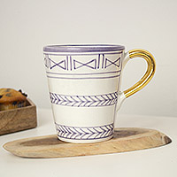 Ceramic mug, 'Royal Lavender' - Ceramic Lavender Mug with Gold Handle made in Morocco