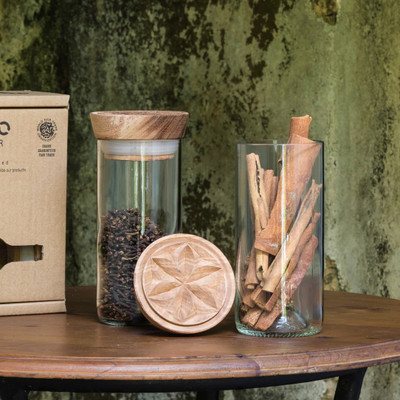 Upcycled glass jars, 'Hiliki Holder' (extra large, pair) - Handcrafted Pair of Upcycled Glass Kitchen Jars with Lids