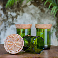 Upcycled glass jars, 'Cardamom Containers' (medium, pair) - Handcrafted Pair of Upcycled Green Glass Jars with Lids