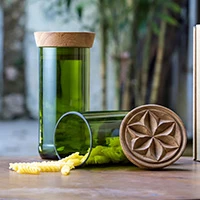 Upcycled glass jars, 'Cardamom Container' (extra large, pair) - Handcrafted Pair of Upcycled Green Glass Jars with Lids