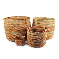 Natural fiber basket, 'Auburn Stripes' - Handwoven Natural Dyed Grass Iringa Basket from Africa