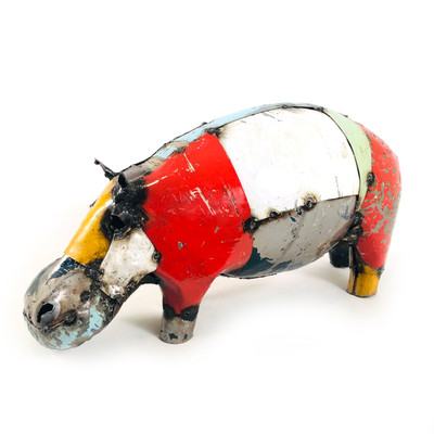 Upcycled steel sculpture, 'Hippity Hippo' - Eco-Friendly Upcycled Steel Hippo Sculpture from Zimbabwe