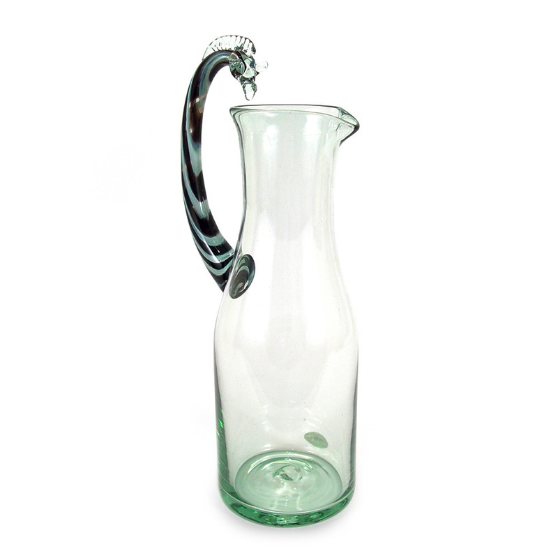 Pitcher Zebra Handblown Recycled Glass Pitcher with Zebra Handle - Zebra Handle | NOVICA