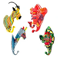 Reclaimed tin wall hooks, 'Bright Menagerie' (set of 4) - Set of 4 Safari-Themed Reclaimed Tin Wall Hooks from Africa