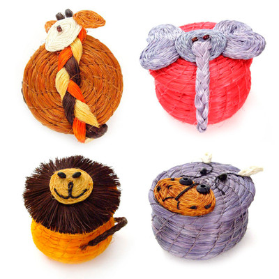 Natural fiber mini baskets, 'African Animals' (set of 4) - Set of 4 Natural Fiber Lidded Animal-Themed Mini Baskets