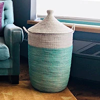 Natural fiber basket, 'Turquoise White Hamper' - Handwoven Natural Fiber Hamper Basket from Senegal