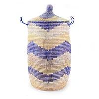 Natural fiber basket, 'Graphic in Navy' - Handwoven Natural Fiber Patterned Hamper Basket from Senegal
