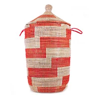 Natural fiber basket, 'Red White Hamper' - Handwoven Natural Fiber Red Patterned Hamper Basket