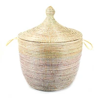 Natural fiber basket, 'Natural Two-Tone' - Handwoven Natural Fiber Patterned Hamper Basket from Senegal
