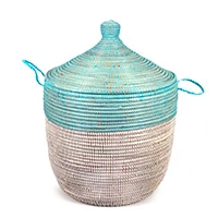 Natural fiber basket, 'Turquoise Two-Tone' - Handwoven Natural Fiber Turquoise Hamper Basket from Senegal