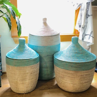 Natural fiber basket, 'Turquoise Two-Tone' - Handwoven Natural Fiber Turquoise Hamper Basket from Senegal
