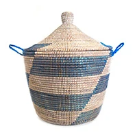 Natural fiber basket, 'Step-up in Blue' - Handwoven Natural Fiber Patterned Hamper Basket from Senegal