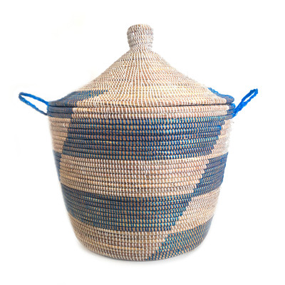 Natural fiber basket, 'Step-up in Blue' - Handwoven Natural Fiber Patterned Hamper Basket from Senegal