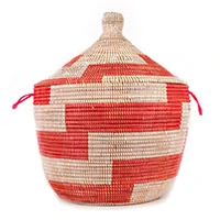 Natural fiber basket, 'Step-up in Red' - Handwoven Natural Fiber Patterned Hamper Basket from Senegal