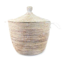 Natural fiber basket, 'White Artistry' - Handwoven Natural Fiber Neutral Hamper Basket from Senegal