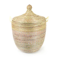 Natural fiber basket, 'Natural White Style' - Handwoven Natural Fiber Hamper Basket from Senegal