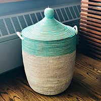 Natural fiber basket, 'Turquoise White Style' - Handwoven Natural Fiber Turquoise Hamper Basket from Senegal