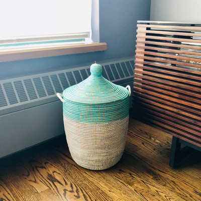 Natural fiber basket, 'Turquoise White Style' - Handwoven Natural Fiber Turquoise Hamper Basket from Senegal