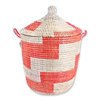 Natural fiber basket, 'Offset in Red' - Handwoven Natural Fiber Patterned Hamper Basket from Senegal