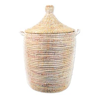 Natural fiber basket, 'White Style' - Handwoven Natural Fiber Hamper Basket from Senegal