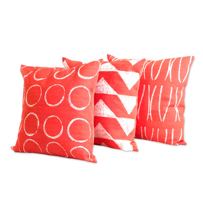 Cotton cushion cover, 'Savanna Circles in Coral' - 100% Cotton Red Cushion Cover Handmade in Zimbabwe