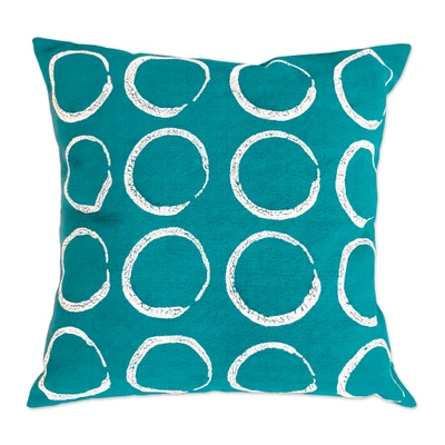 Cotton cushion cover, 'Savanna Circles in Teal' - 100% Cotton Teal Cushion Cover Handmade in Zimbabwe