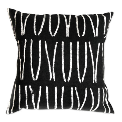 Cotton cushion cover, 'Savanna Lines in Black' - 100% Cotton Black Cushion Cover Handmade in Zimbabwe
