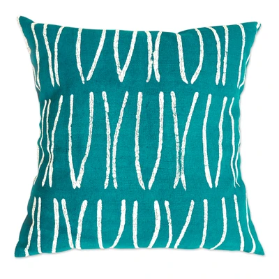 Cotton cushion cover, 'Savanna Lines in Teal' - 100% Cotton Teal Cushion Cover Handmade in Zimbabwe