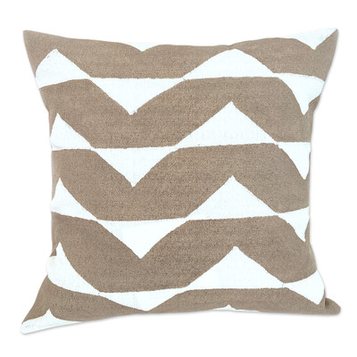 Cotton cushion cover, 'Savanna Triangles in Beige' - 100% Cotton Beige Cushion Cover Handmade in Zimbabwe