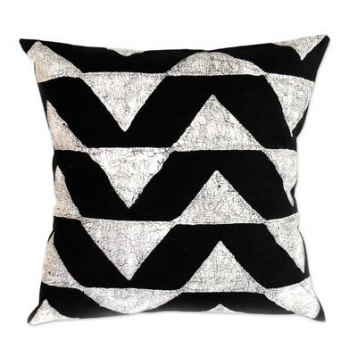 Cotton cushion cover, 'Savanna Triangles in Black' - 100% Cotton Black Cushion Cover Handmade in Zimbabwe