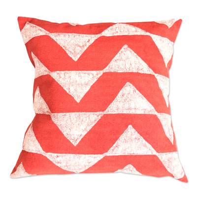 Cotton cushion cover, 'Savanna Triangles in Coral' - 100% Cotton Red Cushion Cover Handmade in Zimbabwe