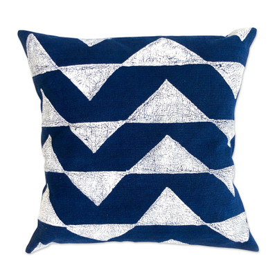 Cotton cushion cover, 'Savanna Triangle in Indigo' - 100% Cotton Indigo Cushion Cover Handmade in Zimbabwe