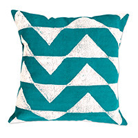 Cotton cushion cover, 'Savanna Triangles in Teal' - 100% Cotton Teal Cushion Cover Handmade in Zimbabwe