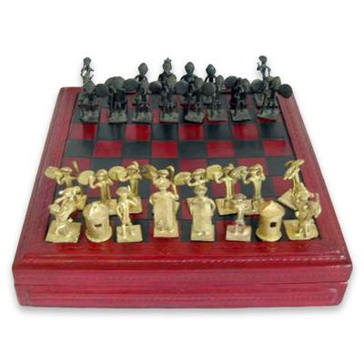 Schachspiel aus Leder und Messing - Handgefertigtes Schachspiel aus Holz, Leder und Messing