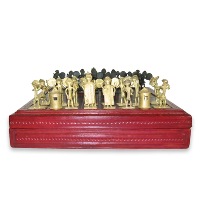 Leather and brass chess set, 'Tribal Feuds' - Handcrafted Wood Leather and Brass Chess Set
