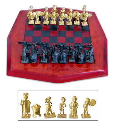 Leather and brass chess set, 'Tribal Warfare' - Leather and Brass Chess Set