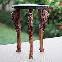 Wood accent table, 'Lion Power' - Handcrafted Sese Wood Accent Table