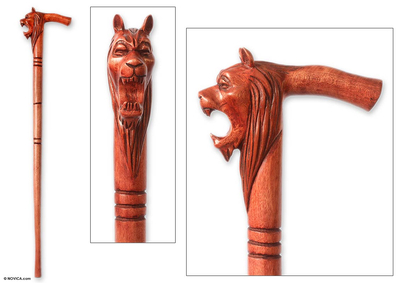 Wood walking stick, 'King of the Lions' - Hand Made Wood Walking Stick
