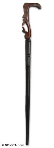 Wood walking stick, 'Jester' - Hand-Carved Sese Wood Walking Stick from Ghana