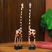 Wood sculptures, 'Happy Giraffes' (pair)