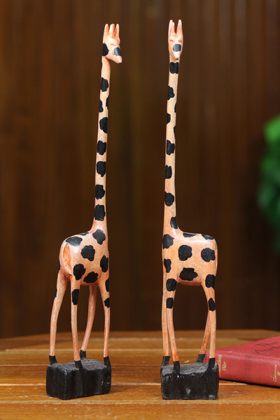 Wood sculptures, 'Happy Giraffes' (pair) - Hand Painted Wood Sculptures (Pair)