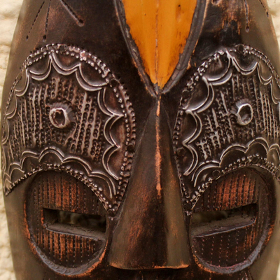 Ghanaian wood mask, 'Beautiful Edjo' - African wood mask and brass mask