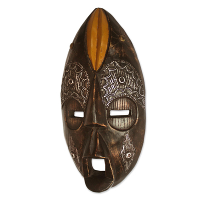 Ghanaian wood mask, 'Beautiful Edjo' - African wood mask and brass mask